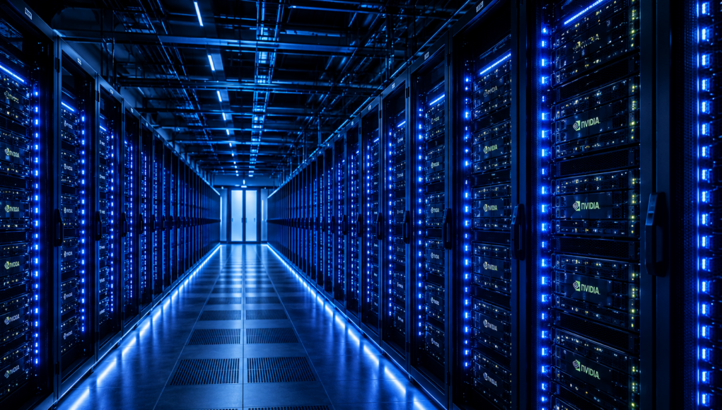 Long row of server racks in a blue-lit data center, NVIDIA branding visible on the equipment.