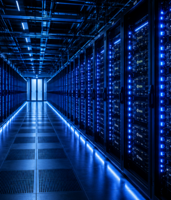 Infineon-Aktie: KI treibt Umsatz auf neues Allzeithoch Long row of server racks in a blue-lit data center, NVIDIA branding visible on the equipment.