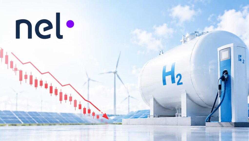 Nel-ASA-Aktie-mit-94-–-Ist-der-Boden-endlich-erreicht.jpeg NEL logo over a green/blue sky with a large H2 storage tank and renewable energy background (solar panels and wind turbines). The image conveys hydrogen energy infrastructure.