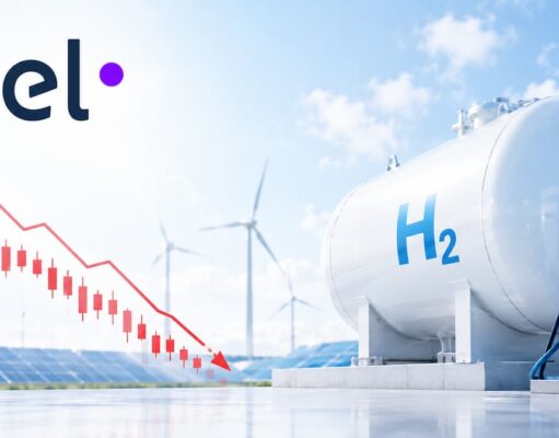 Nel ASA Aktie mit -94% – Ist der Boden endlich erreicht? NEL logo over a green/blue sky with a large H2 storage tank and renewable energy background (solar panels and wind turbines). The image conveys hydrogen energy infrastructure.