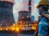 Nuklear-Aktien: Diese 2 Titel stehen im Zentrum der Atomkraft-Renaissance Construction worker in an orange safety vest and yellow hard hat stands near a power plant with cooling towers at dusk.