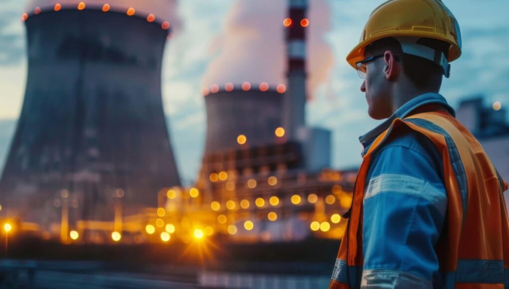 Construction worker in an orange safety vest and yellow hard hat stands near a power plant with cooling towers at dusk.