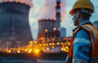 Nuklear-Aktien: Diese 2 Titel stehen im Zentrum der Atomkraft-Renaissance Construction worker in an orange safety vest and yellow hard hat stands near a power plant with cooling towers at dusk.