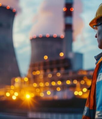Nuklear-Aktien: Diese 2 Titel stehen im Zentrum der Atomkraft-Renaissance Construction worker in an orange safety vest and yellow hard hat stands near a power plant with cooling towers at dusk.