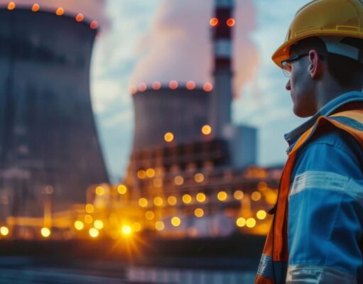 Nuklear-Aktien: Diese 2 Titel stehen im Zentrum der Atomkraft-Renaissance Construction worker in an orange safety vest and yellow hard hat stands near a power plant with cooling towers at dusk.