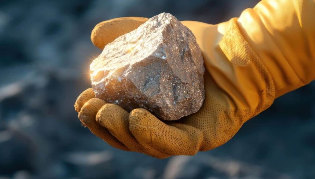 Gloved hand holding a rough rock sample with a blurred outdoor background in a field setting.