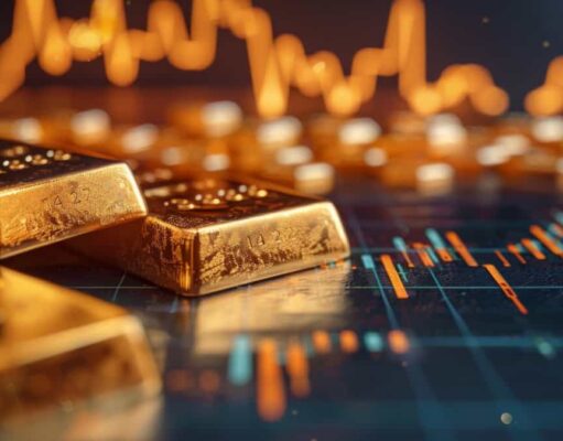 Versamet-Aktie: Geht es nun weiter bergauf? Gold bars resting on a financial trading chart with glowing price lines in the background