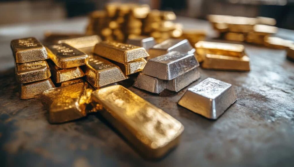 Versamet-Aktie-Ist-das-jetzt-die-perfekte-Einstiegsgelegenheit.jpeg Pile of gold and silver bullion bars on a dark metal surface for storage or display (informative)