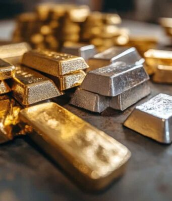 Versamet-Aktie: Ist das jetzt die perfekte Einstiegsgelegenheit? Pile of gold and silver bullion bars on a dark metal surface for storage or display (informative)