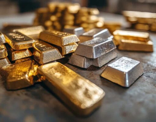 Versamet-Aktie: Ist das jetzt die perfekte Einstiegsgelegenheit? Pile of gold and silver bullion bars on a dark metal surface for storage or display (informative)
