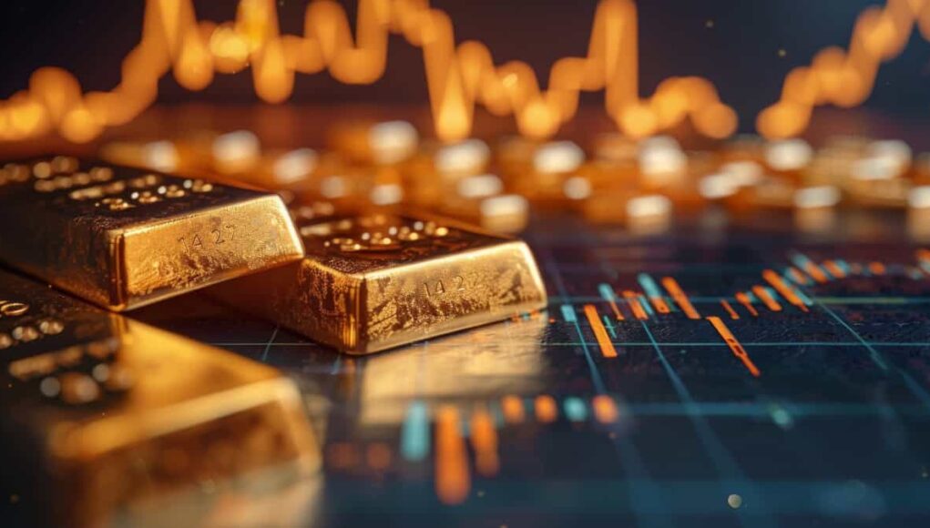 Close-up of gold bars on a dark trading chart with orange price lines in the background.