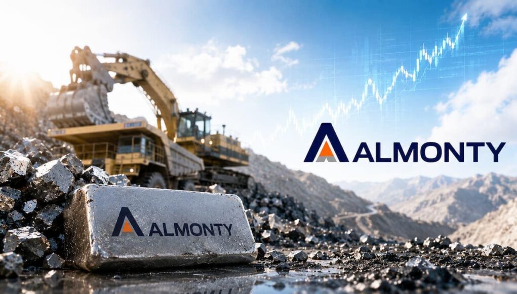 Mining site with heavy equipment on rocky terrain; foreground rock block displays the Almonty logo, with a rising stock-chart background in blue sky.
