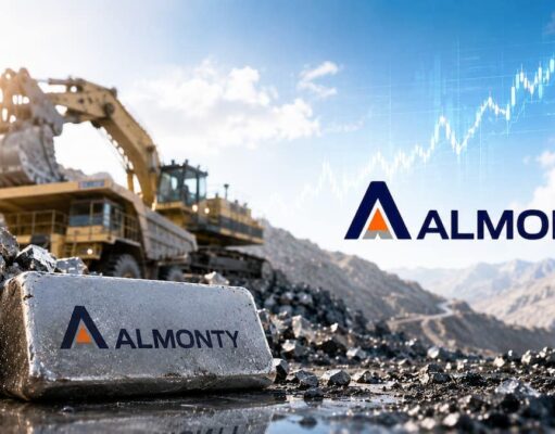 Almonty-Aktie: Droht jetzt die nächste Korrektur? Almonty logo on a rocky mining site with a large excavator and piles of ore under a blue sky