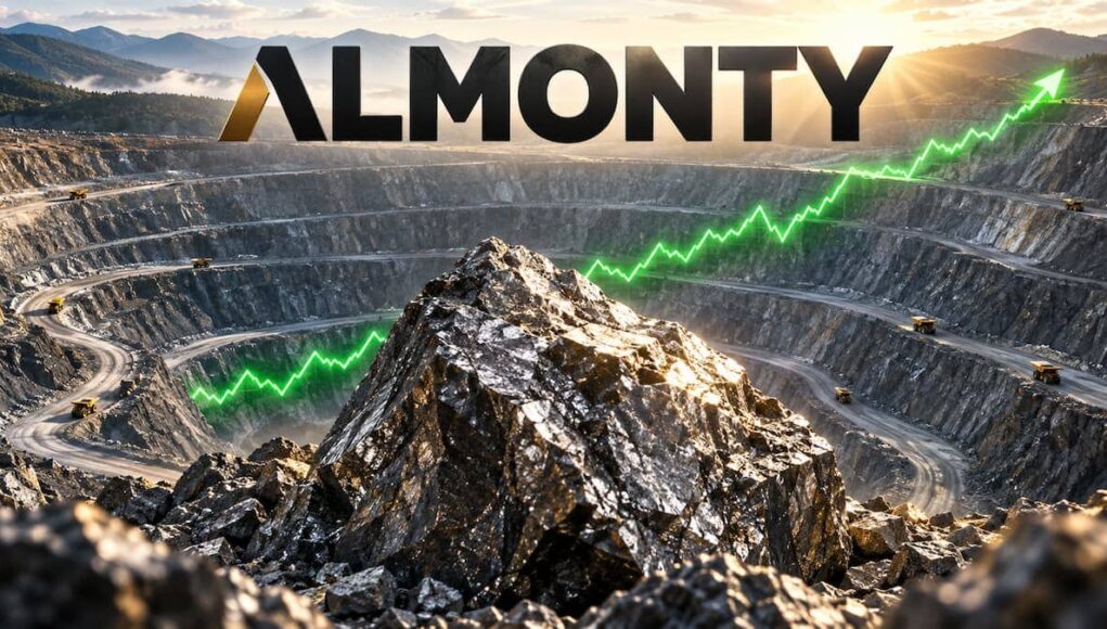 ALMONTY logo over an open-pit mine with a bright green upward-trending graph across the scene, conveying growth in mining/energy.