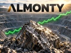 Almonty-Aktie fällt auf 14 US$: Lohnt sich der Einstieg? ALMONTY logo over an open-pit mine with a bright green upward-trending graph across the scene, conveying growth in mining/energy.