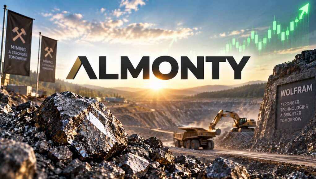 Mine site at sunset with the ALMONTY logo, rock piles, heavy trucks, and a rising stock-chart in the sky.