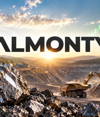 Almonty-Aktie mit +81% – nächstes Ziel 25 US$? Mine site at sunset with the ALMONTY logo, rock piles, heavy trucks, and a rising stock-chart in the sky.