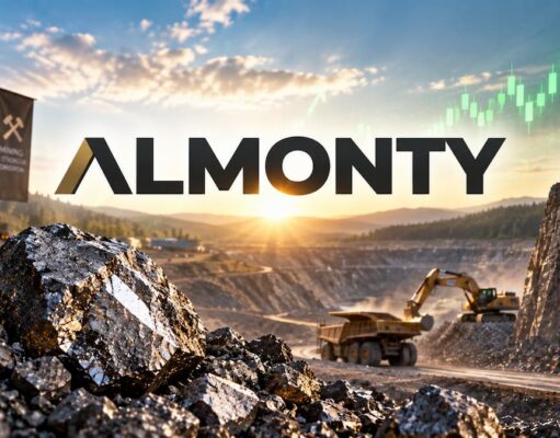 Almonty-Aktie mit +81% – nächstes Ziel 25 US$? Mine site at sunset with the ALMONTY logo, rock piles, heavy trucks, and a rising stock-chart in the sky.