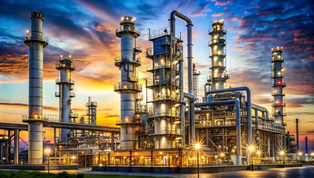 Oil refinery complex with tall distillation columns and pipelines illuminated at sunset/dusk.