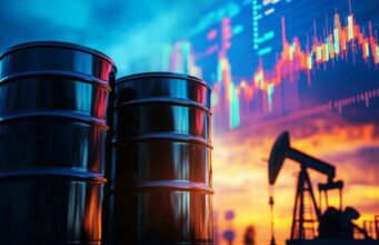 Battalion Oil-Aktie bleibt ein Trauerspiel Stack of oil barrels in the foreground with an oil pump jack and a colorful stock market graph in the background.