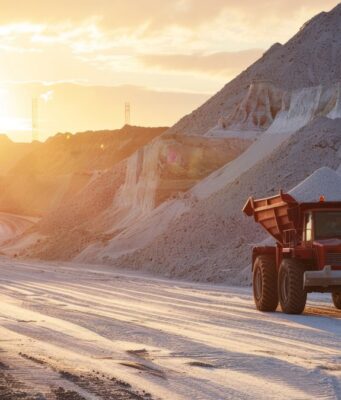 Cambria Gold Mines-Aktie: Infrastruktur als Erfolgsfaktor? Red dump truck navigates a quarry with tall gravel piles at sunset, casting long shadows on dusty ground