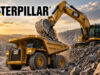 Caterpillar-Aktie nach -28%: Jetzt wieder aufwärts? Large yellow Caterpillar excavator dumping rocks into a dump truck at a quarry during sunset, with CAT branding visible on machinery in the scene.
