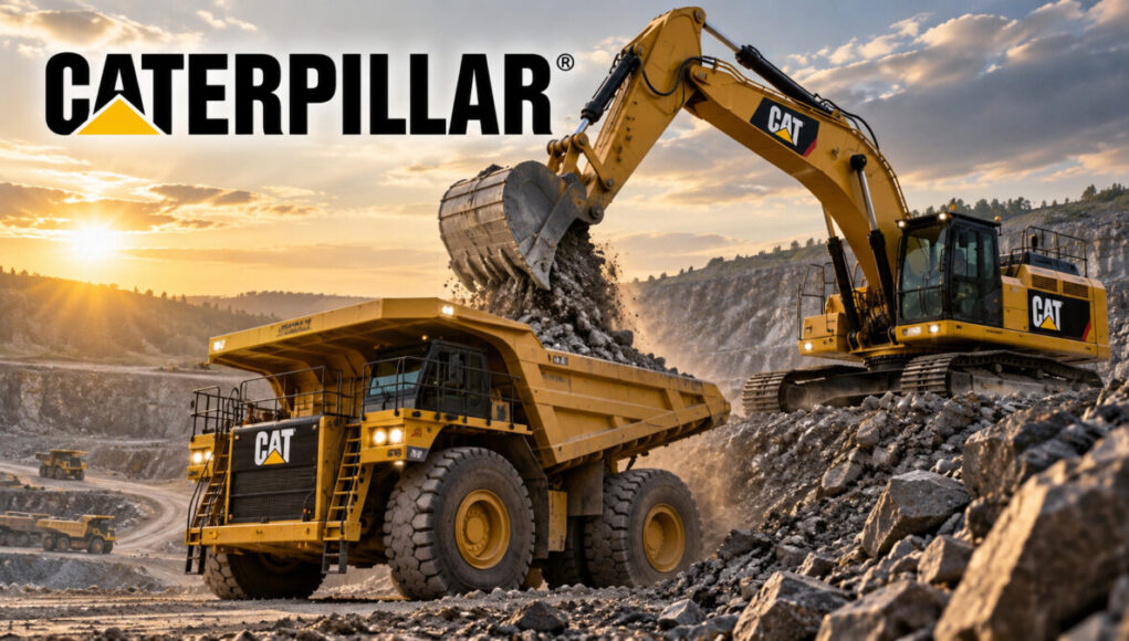 Large yellow Caterpillar excavator dumping rocks into a dump truck at a quarry during sunset, with CAT branding visible on machinery in the scene.