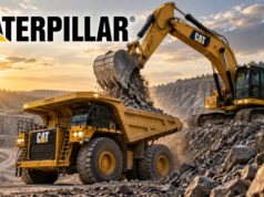 Caterpillar-Aktie nach -28%: Jetzt wieder aufwärts? Large yellow Caterpillar excavator dumping rocks into a dump truck at a quarry during sunset, with CAT branding visible on machinery in the scene.