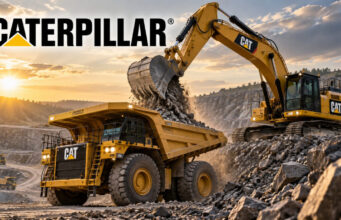 Caterpillar-Aktie nach -28%: Jetzt wieder aufwärts? Large yellow Caterpillar excavator dumping rocks into a dump truck at a quarry during sunset, with CAT branding visible on machinery in the scene.