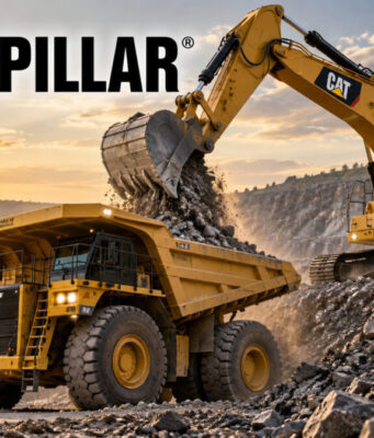 Caterpillar-Aktie nach -28%: Jetzt wieder aufwärts? Large yellow Caterpillar excavator dumping rocks into a dump truck at a quarry during sunset, with CAT branding visible on machinery in the scene.