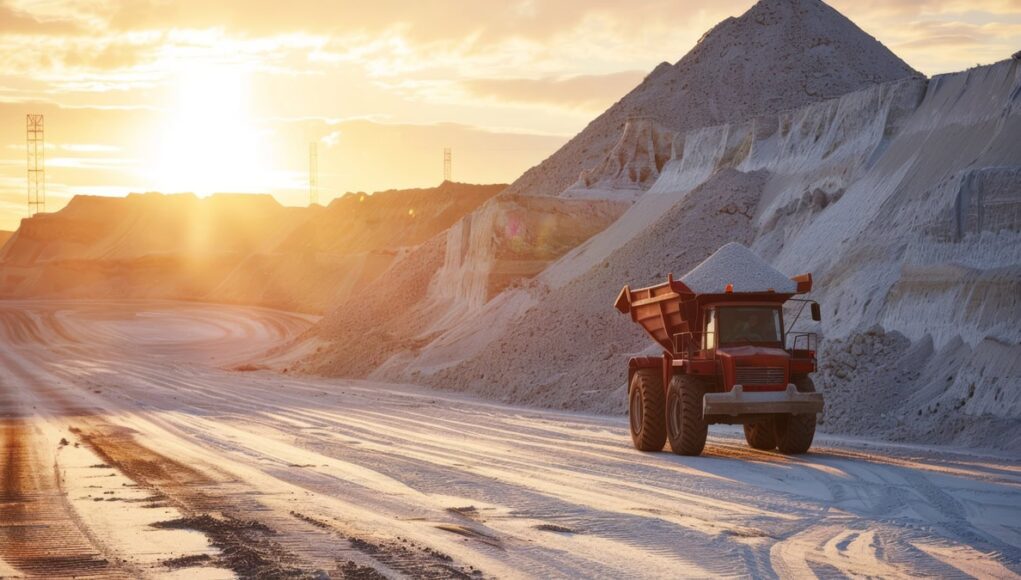 Red off-road mining dump truck drives along a sandy quarry with large rock piles at sunset.