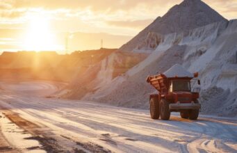 Intrepid Potash: Kleine Kali-Aktie mit großem Gewinnhebel Red off-road mining dump truck drives along a sandy quarry with large rock piles at sunset.