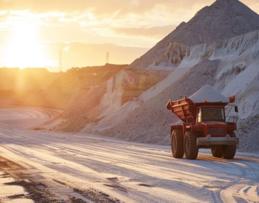 Intrepid Potash: Kleine Kali-Aktie mit großem Gewinnhebel Red off-road mining dump truck drives along a sandy quarry with large rock piles at sunset.