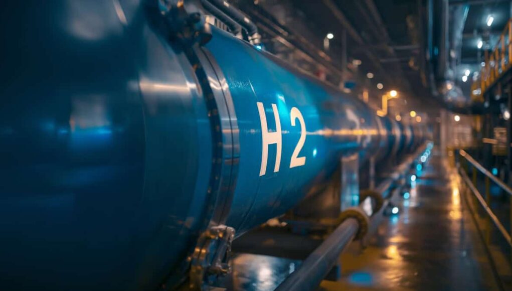 Blue industrial pipeline labeled H2 runs through a modern plant, indicating hydrogen piping.
