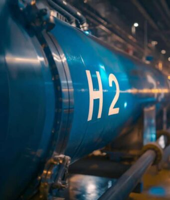 Nel ASA Aktie: Wie weit geht der Absturz noch? Blue industrial pipeline labeled H2 runs through a modern plant, indicating hydrogen piping.