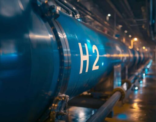Nel ASA Aktie: Wie weit geht der Absturz noch? Blue industrial pipeline labeled H2 runs through a modern plant, indicating hydrogen piping.