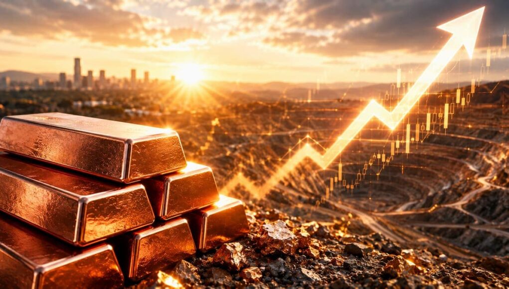 Stack of gold bars on rocky ground with a rising stock chart and sunrise, symbolizing increasing gold prices.