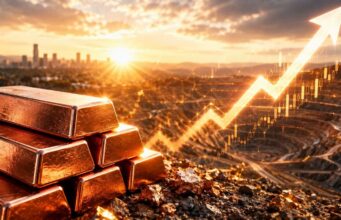 RAC feiert Kursrakete: +582 % mit Trekor Metals Stack of gold bars on rocky ground with a rising stock chart and sunrise, symbolizing increasing gold prices.