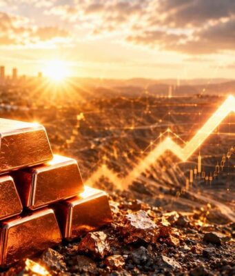 RAC feiert Kursrakete: +582 % mit Trekor Metals Stack of gold bars on rocky ground with a rising stock chart and sunrise, symbolizing increasing gold prices.