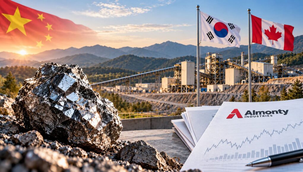 Mining site at sunset with a shiny rock in the foreground, three flags (China, South Korea, Canada) and Almonty Industries documents on a desk in view.