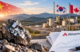 Almonty-Aktie: Ein riesiges Luftschloss? Mining site at sunset with a shiny rock in the foreground, three flags (China, South Korea, Canada) and Almonty Industries documents on a desk in view.