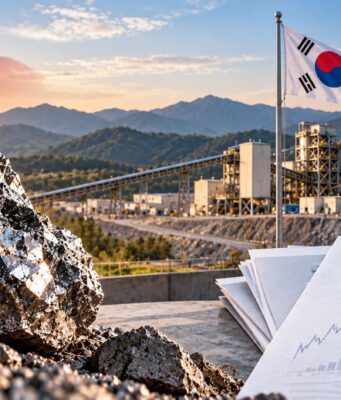 Almonty-Aktie: Ein riesiges Luftschloss? Mining site at sunset with a shiny rock in the foreground, three flags (China, South Korea, Canada) and Almonty Industries documents on a desk in view.