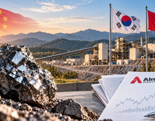 Almonty-Aktie: Ein riesiges Luftschloss? Mining site at sunset with a shiny rock in the foreground, three flags (China, South Korea, Canada) and Almonty Industries documents on a desk in view.