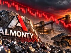 Almonty-Aktie: Fallendes Messer oder Comeback-Chance des Jahres? Mining site scene with the Almonty logo on a rock, a dump truck carrying ore, and a red downward-trending stock line overlay at sunset.