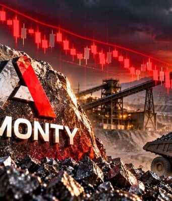 Almonty-Aktie: Fallendes Messer oder Comeback-Chance des Jahres? Mining site scene with the Almonty logo on a rock, a dump truck carrying ore, and a red downward-trending stock line overlay at sunset.
