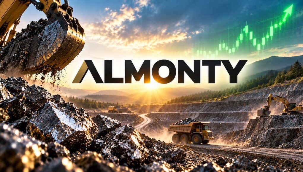 Almonty-Aktie-Ist-sie-unter-10-E-ein-Must-have.jpeg Mining site at sunset with excavator dumping rock and a dump truck on a dirt road; ALMONTY logo across the image