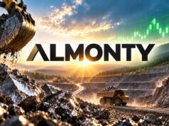 Almonty-Aktie: Ist sie unter 10 € ein Must-have? Mining site at sunset with excavator dumping rock and a dump truck on a dirt road; ALMONTY logo across the image