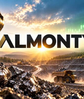 Almonty-Aktie: Ist sie unter 10 € ein Must-have? Mining site at sunset with excavator dumping rock and a dump truck on a dirt road; ALMONTY logo across the image