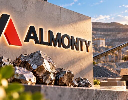 Almonty-Aktie: Kippt der Abwärtstrend oder bleibt es dabei? Almonty corporate sign with illuminated logo at a mining site, stacked rocks in foreground and industrial conveyor in background.