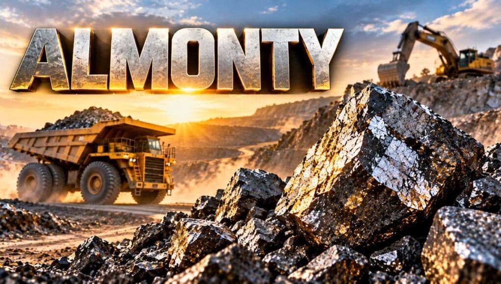Sunset mining site with a large dump truck and excavator amid rocky piles; 'ALMONTY' text overlay.